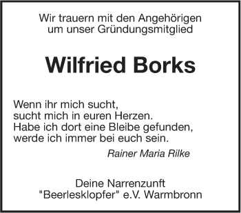 Traueranzeige von Wilfried Borks von Leonberger Kreiszeitung / Strohgäu Extra