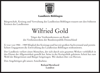 Traueranzeige von Wilfried Gold von Leonberger Kreiszeitung / Strohgäu Extra