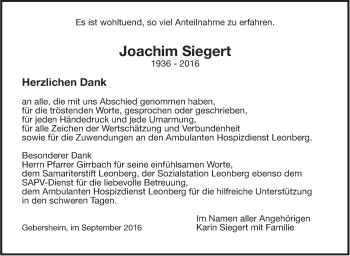 Traueranzeige von Joachim Siegert von Leonberger Kreiszeitung / Strohgäu Extra