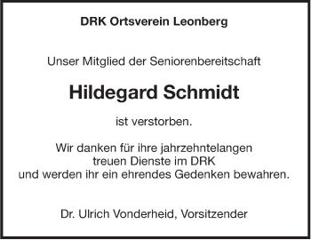 Traueranzeige von Hildegard Schmidt von Leonberger Kreiszeitung / Strohgäu Extra