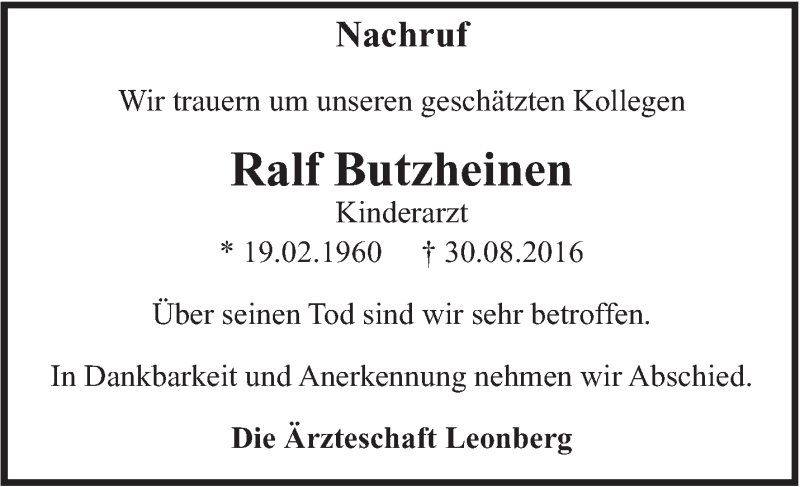  Traueranzeige für Ralf Butzheinen vom 10.09.2016 aus Leonberger Kreiszeitung / Strohgäu Extra