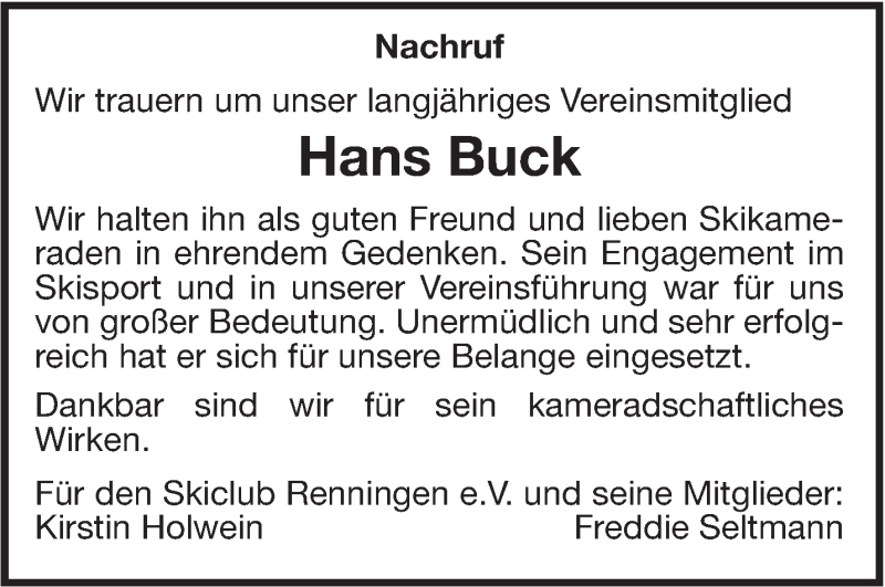  Traueranzeige für Hans Buck vom 14.09.2016 aus Leonberger Kreiszeitung / Strohgäu Extra