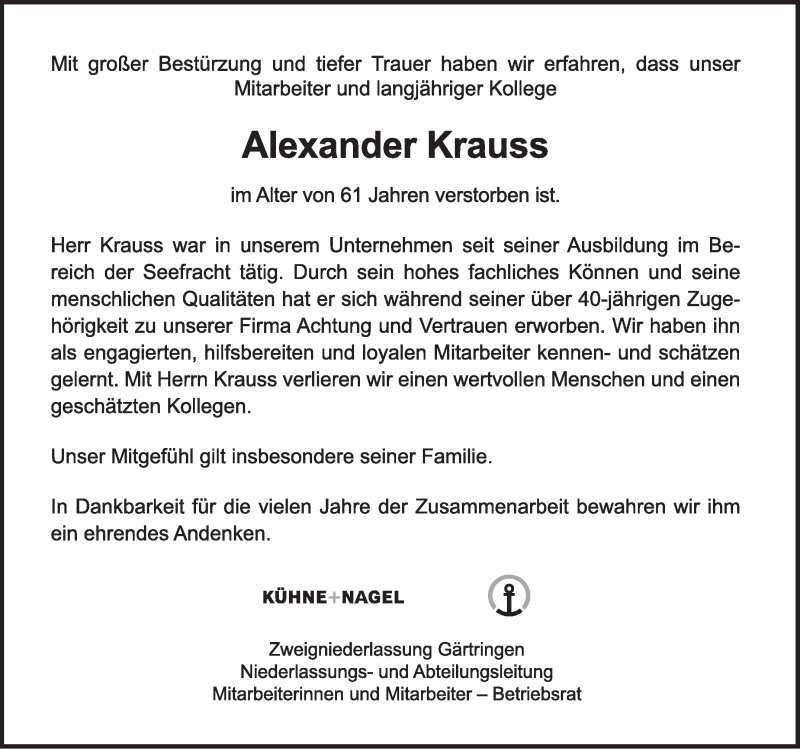  Traueranzeige für Alexander Krauss vom 21.09.2016 aus Leonberger Kreiszeitung / Strohgäu Extra