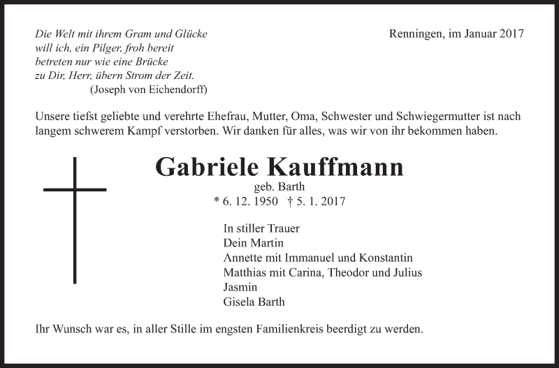  Traueranzeige für Gabriele Kauffmann vom 12.01.2017 aus Leonberger Kreiszeitung / Strohgäu Extra