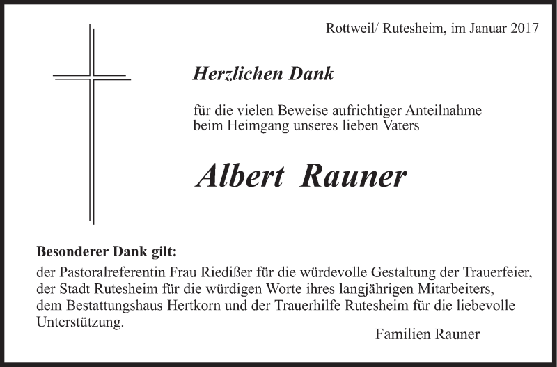  Traueranzeige für Albert Rauner vom 03.01.2017 aus Leonberger Kreiszeitung / Strohgäu Extra