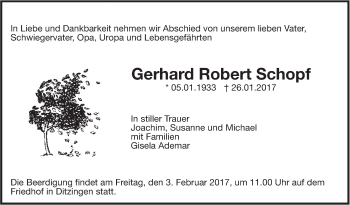 Traueranzeige von Gerhard Robert Schopf von Leonberger Kreiszeitung / Strohgäu Extra