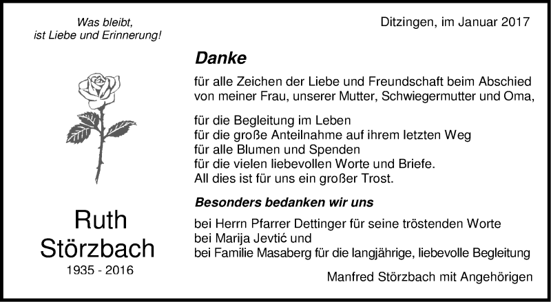  Traueranzeige für Ruth Störzbach vom 12.01.2017 aus Leonberger Kreiszeitung / Strohgäu Extra