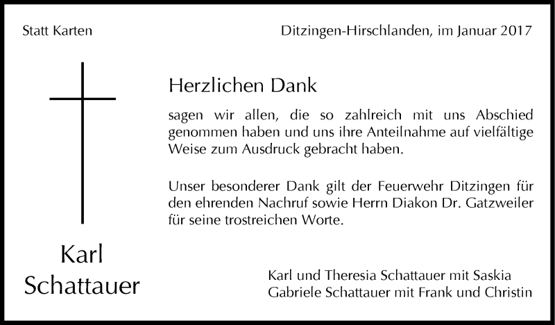  Traueranzeige für Karl Schattauer vom 25.01.2017 aus Leonberger Kreiszeitung / Strohgäu Extra