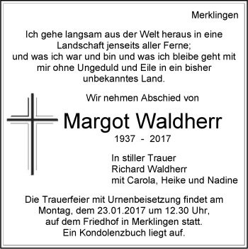 Traueranzeige von Margot Waldherr von Leonberger Kreiszeitung / Strohgäu Extra
