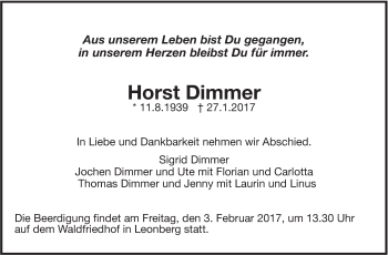 Traueranzeige von Horst Dimmer von Leonberger Kreiszeitung / Strohgäu Extra