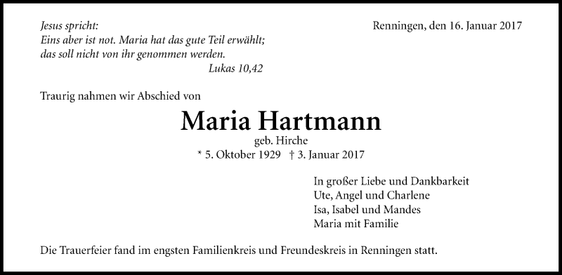  Traueranzeige für Maria Hartmann vom 23.01.2017 aus Leonberger Kreiszeitung / Strohgäu Extra