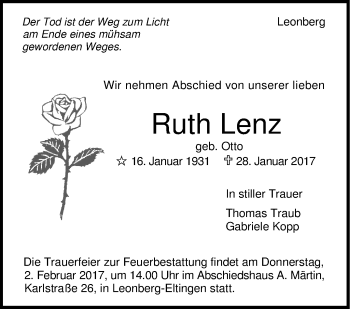 Traueranzeige von Ruth Lenz von Leonberger Kreiszeitung / Strohgäu Extra