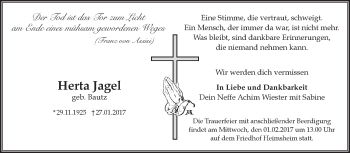 Traueranzeige von Herta Jagel von Leonberger Kreiszeitung / Strohgäu Extra