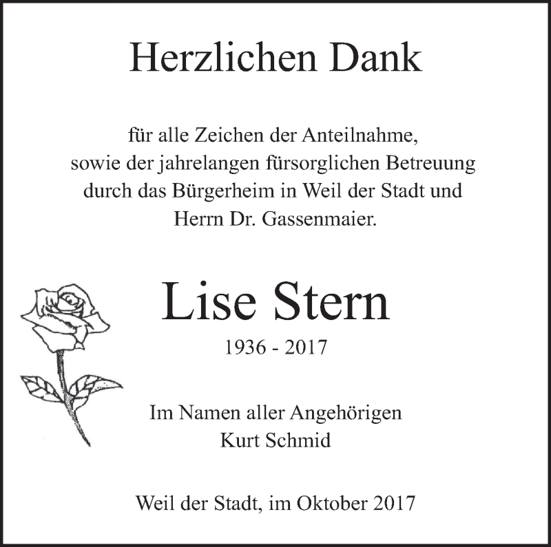  Traueranzeige für Lise Stern vom 18.10.2017 aus Leonberger Kreiszeitung / Strohgäu Extra