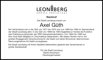 Traueranzeige von Axel Güth von Leonberger Kreiszeitung / Strohgäu Extra