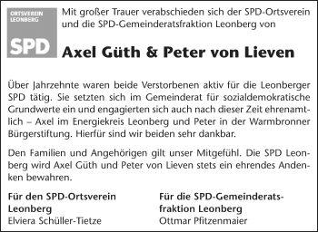 Traueranzeige von Axel und Peter  Güth und von Lieven von Leonberger Kreiszeitung / Strohgäu Extra