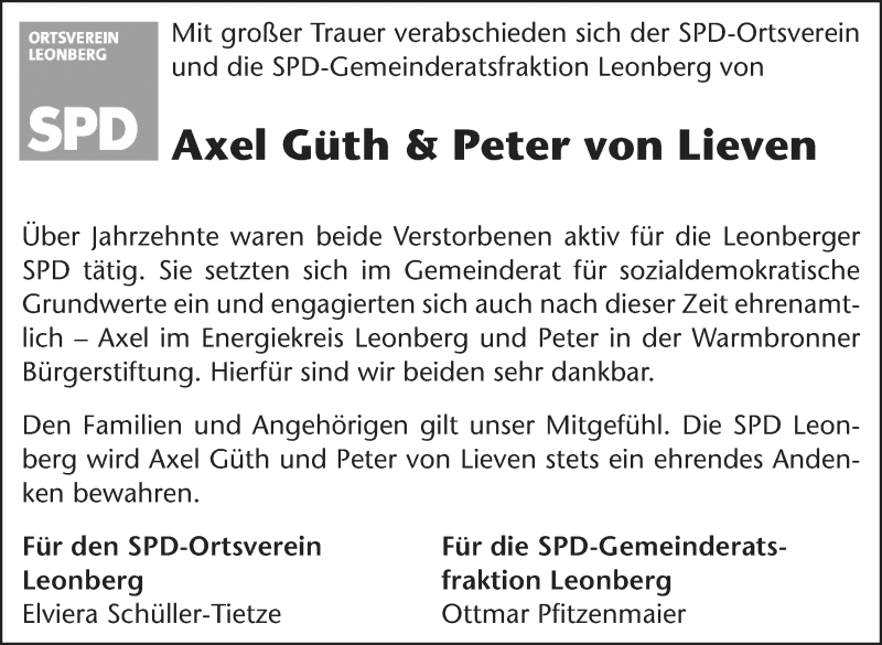  Traueranzeige für Axel und Peter  Güth und von Lieven vom 28.12.2017 aus Leonberger Kreiszeitung / Strohgäu Extra
