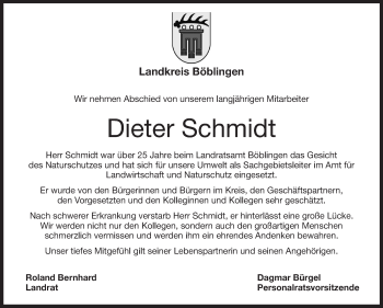 Traueranzeige von Dieter Schmidt von Leonberger Kreiszeitung / Strohgäu Extra