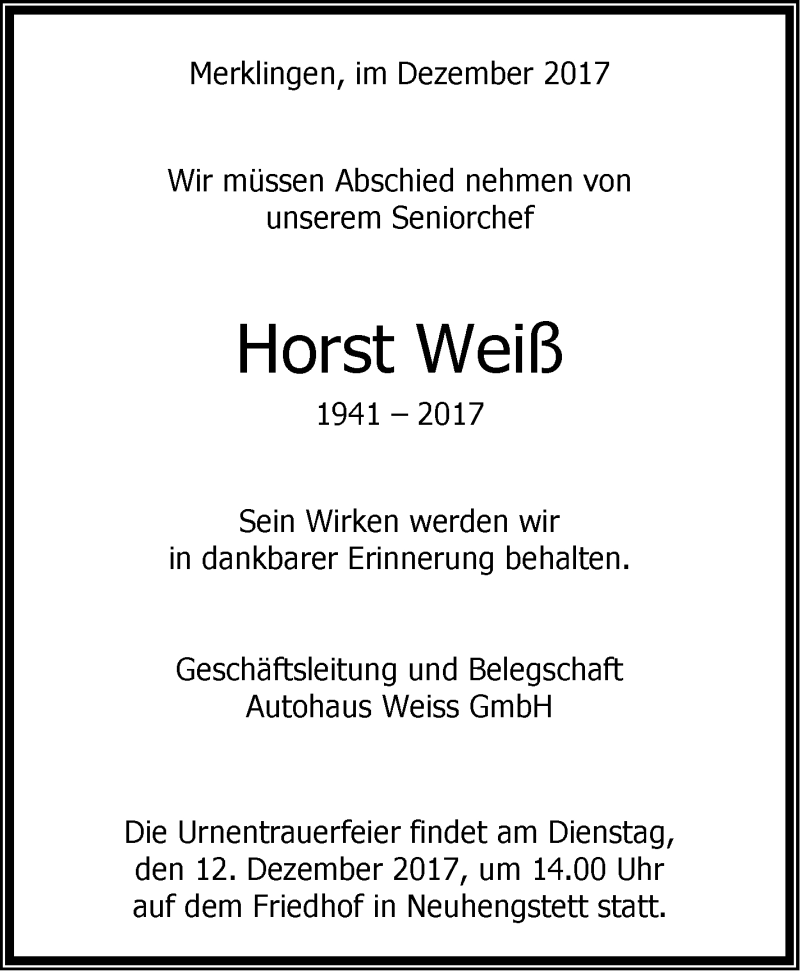  Traueranzeige für Horst Weiß vom 08.12.2017 aus Leonberger Kreiszeitung / Strohgäu Extra