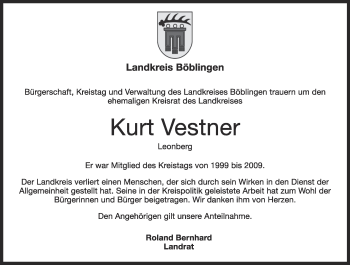 Traueranzeige von Kurt Vestner von Leonberger Kreiszeitung / Strohgäu Extra
