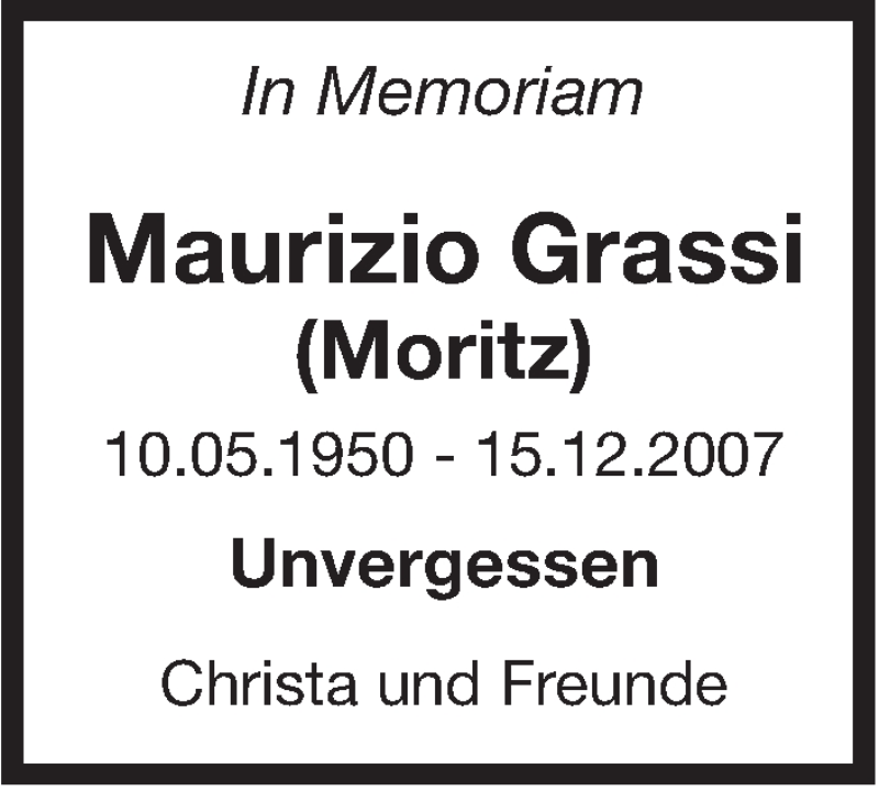  Traueranzeige für Maurizio Grassi vom 15.12.2017 aus Leonberger Kreiszeitung / Strohgäu Extra