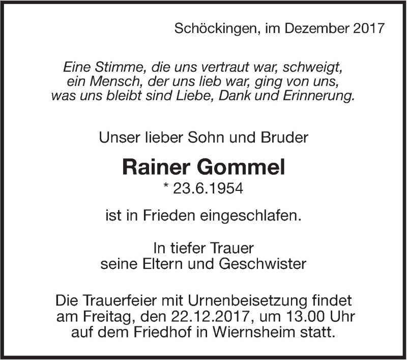  Traueranzeige für Rainer Gommel vom 20.12.2017 aus Leonberger Kreiszeitung / Strohgäu Extra