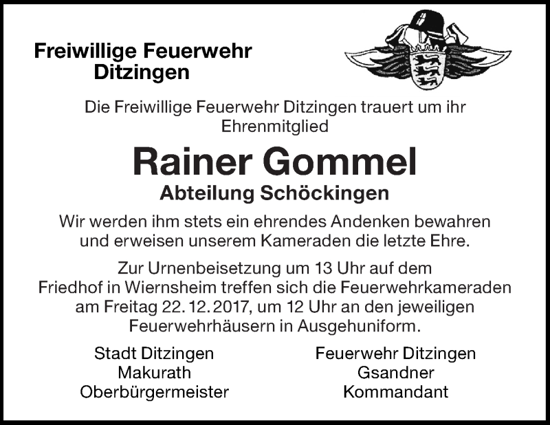  Traueranzeige für Rainer Gommel vom 20.12.2017 aus Leonberger Kreiszeitung / Strohgäu Extra