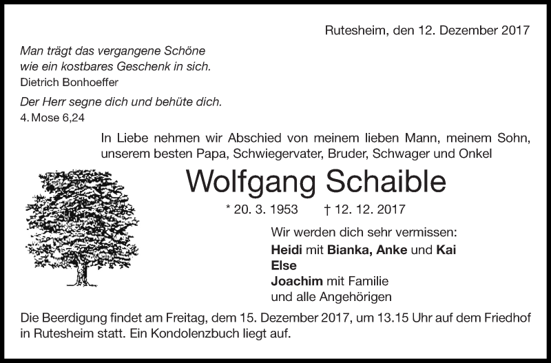  Traueranzeige für Wolfgang Schaible vom 13.12.2017 aus Leonberger Kreiszeitung / Strohgäu Extra