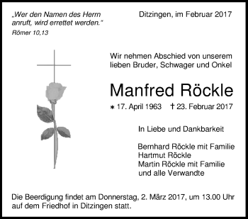 Traueranzeige von Manfred Röckle von Leonberger Kreiszeitung / Strohgäu Extra