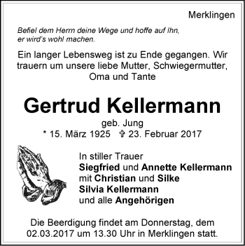 Traueranzeige von Gertrud Kellermann von Leonberger Kreiszeitung / Strohgäu Extra