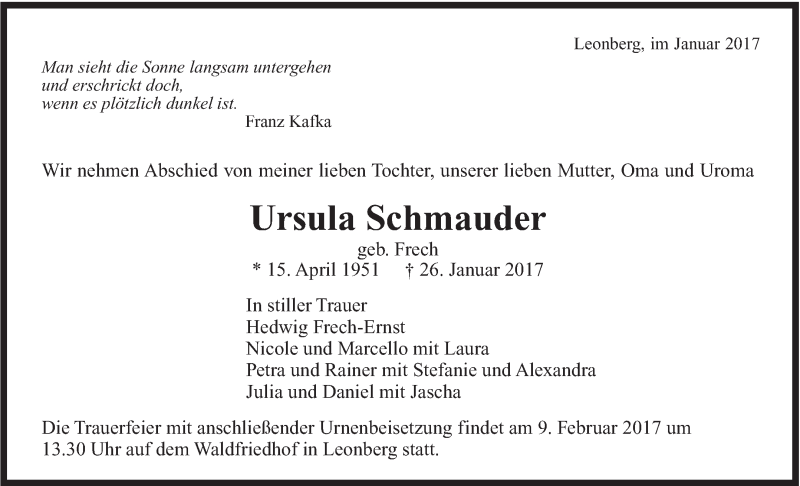 Traueranzeige für Ursula Schmauder vom 06.02.2017 aus Leonberger Kreiszeitung / Strohgäu Extra