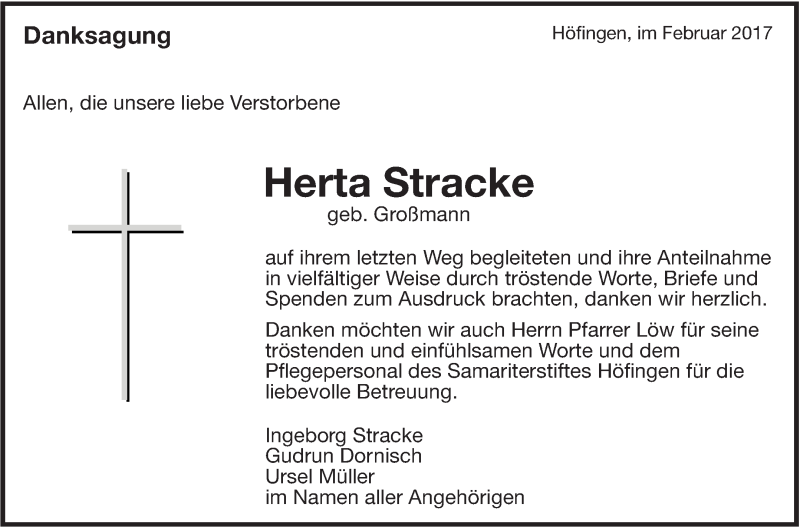  Traueranzeige für Herta Stracke vom 16.02.2017 aus Leonberger Kreiszeitung / Strohgäu Extra