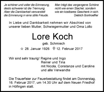 Traueranzeige von Lore Koch von Leonberger Kreiszeitung / Strohgäu Extra