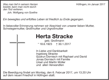 Traueranzeige von Herta Stracke von Leonberger Kreiszeitung / Strohgäu Extra