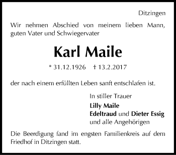 Traueranzeige von Karl Maile von Leonberger Kreiszeitung / Strohgäu Extra