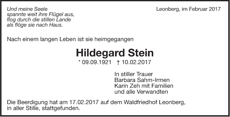  Traueranzeige für Hildegard Stein vom 18.02.2017 aus Leonberger Kreiszeitung / Strohgäu Extra