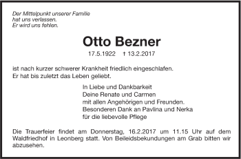 Traueranzeige von Otto Bezner von Leonberger Kreiszeitung / Strohgäu Extra
