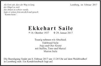 Traueranzeige von Ekkehart Saile von Leonberger Kreiszeitung / Strohgäu Extra