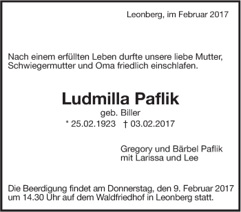 Traueranzeige von Ludmilla Paflik von Leonberger Kreiszeitung / Strohgäu Extra