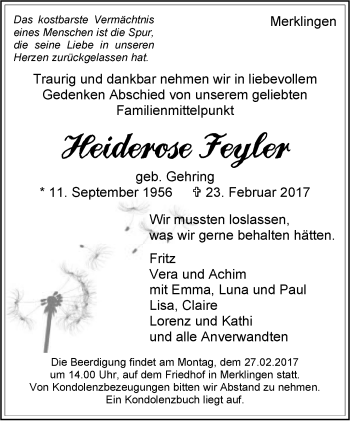 Traueranzeige von Heiderose Feyler von Leonberger Kreiszeitung / Strohgäu Extra