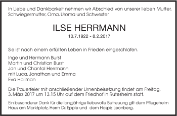 Traueranzeige von Ilse Herrmann von Leonberger Kreiszeitung / Strohgäu Extra