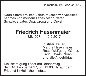 Traueranzeige von Friedrich Hasenmaier von Leonberger Kreiszeitung / Strohgäu Extra