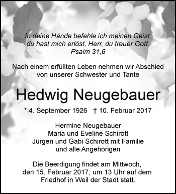 Traueranzeige von Hedwig Neugebauer von Leonberger Kreiszeitung / Strohgäu Extra