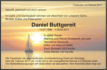 Traueranzeige von Daniel Buttgereit von Leonberger Kreiszeitung / Strohgäu Extra