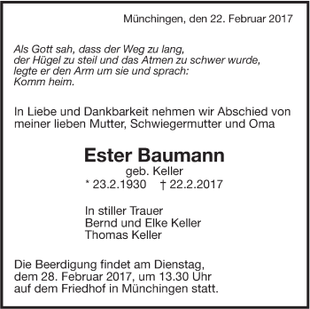 Traueranzeige von Ester Baumann von Leonberger Kreiszeitung / Strohgäu Extra