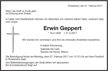 Traueranzeige von Erwin Geppert von Leonberger Kreiszeitung / Strohgäu Extra