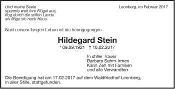 Traueranzeige von Hildegard Stein von Leonberger Kreiszeitung / Strohgäu Extra