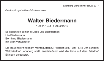 Traueranzeige von Walter Biedermann von Leonberger Kreiszeitung / Strohgäu Extra