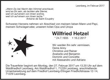 Traueranzeige von Willfried Hetzel von Leonberger Kreiszeitung / Strohgäu Extra