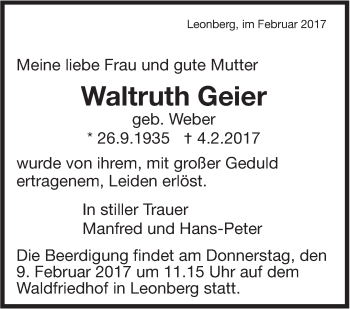 Traueranzeige von Waltruth Geier von Leonberger Kreiszeitung / Strohgäu Extra